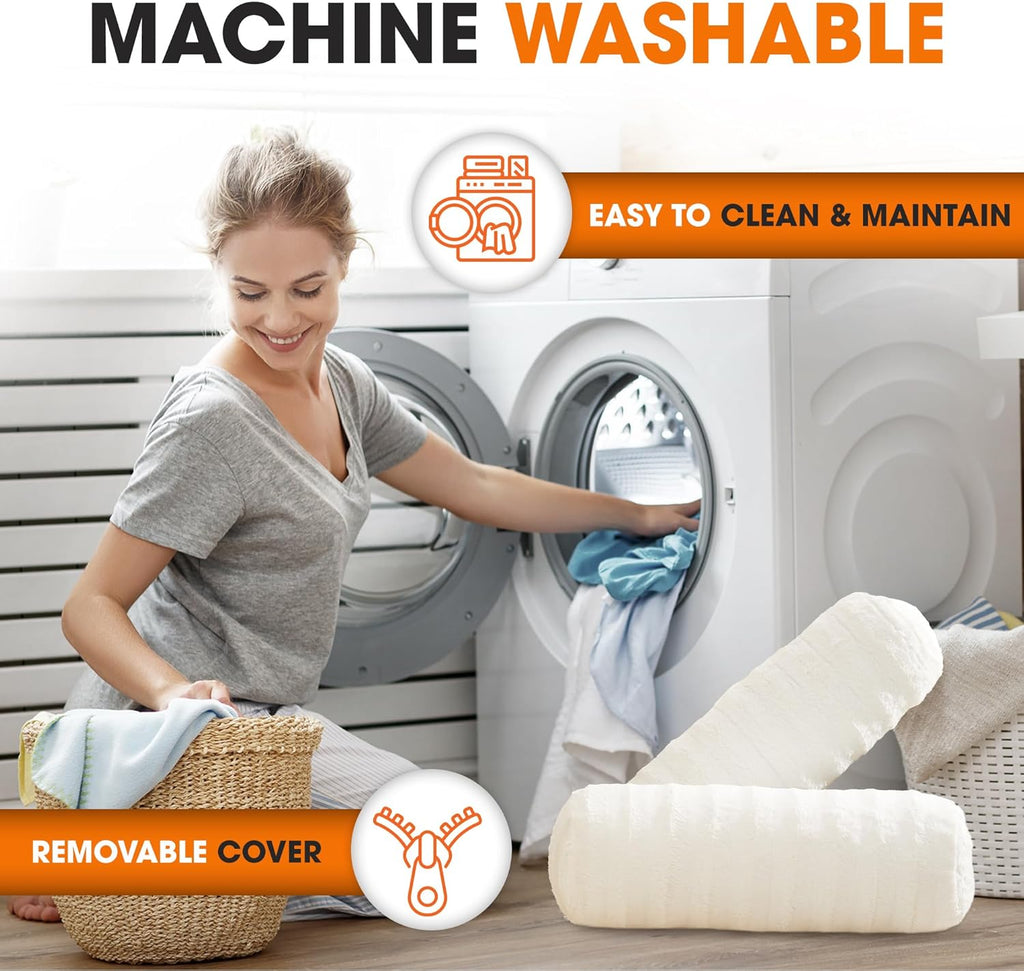 Cheer Collection Faux Fur Cylinder Pillows - Decorative Bolster Pillows for Couch & Bed - Machine Washable - 8” x 24” Inch (Set of 2) - White - Grand Goldman