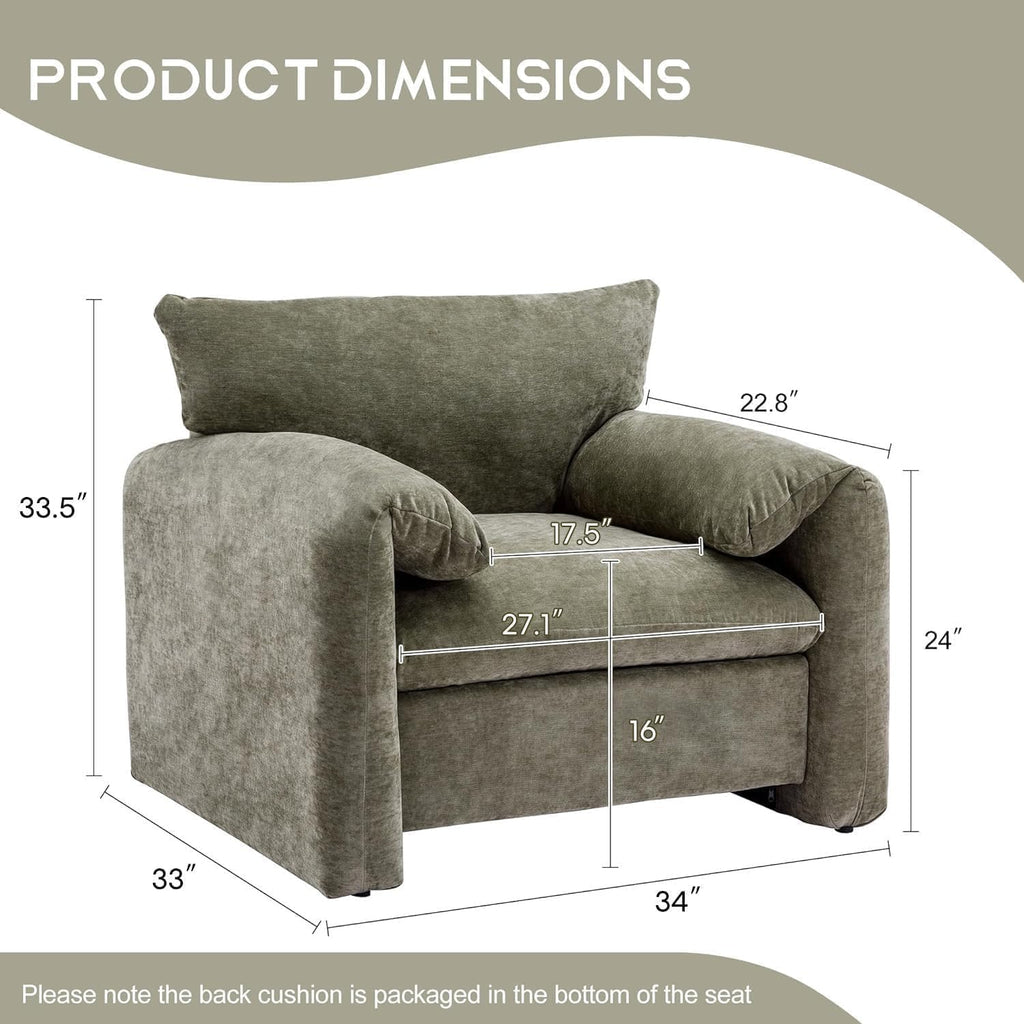 Chenille Oversized Armchair - Modern Accent Chair & Single Sofa Lounge, 34'' Wide, Comfortable Seating for Living Room & Bedroom, Green - Grand Goldman