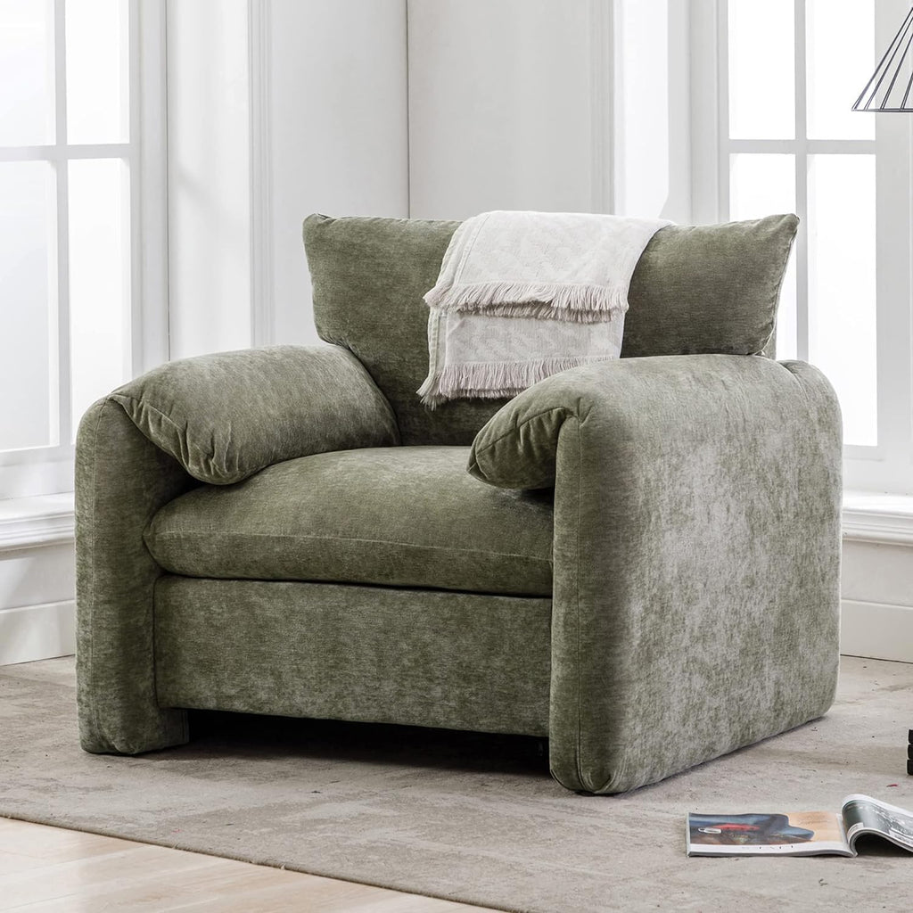 Chenille Oversized Armchair - Modern Accent Chair & Single Sofa Lounge, 34'' Wide, Comfortable Seating for Living Room & Bedroom, Green - Grand Goldman