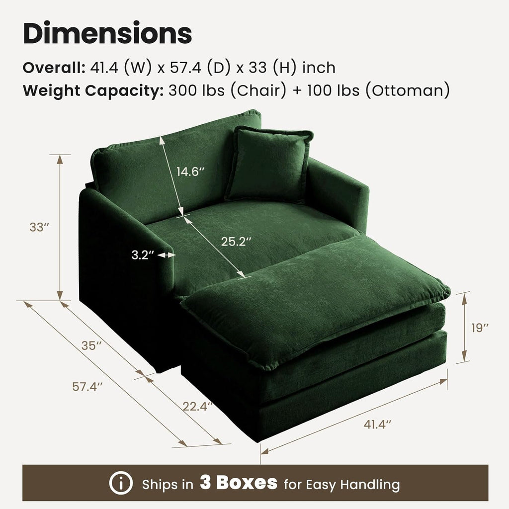 Chenille Oversized Chair with Ottoman - 41.4”W Comfy Accent Chair and Ottoman Set, Single Sofa Chair, Deep Seat Lounge Chair, Armchair for Living Room Bedroom Apartment, Emerald Green - Grand Goldman