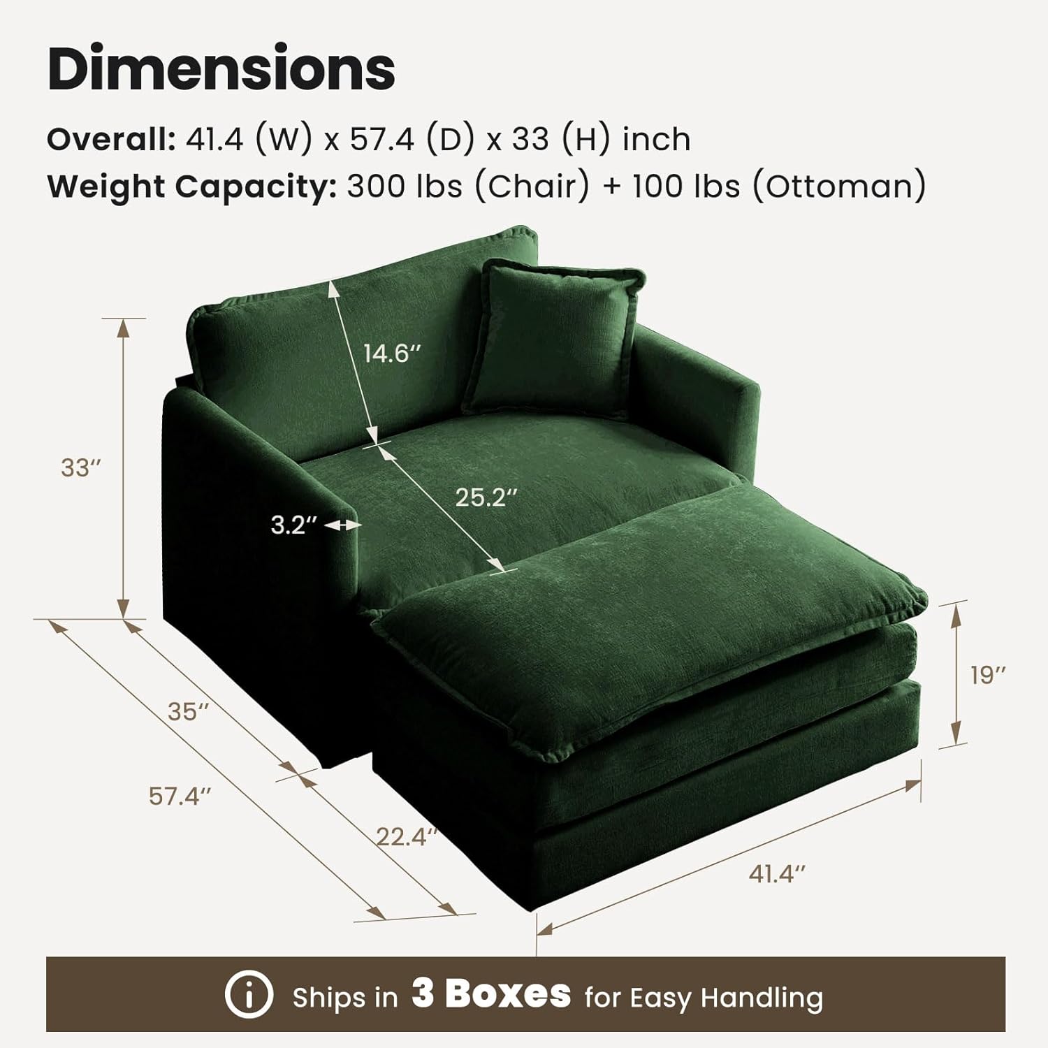 Chenille Oversized Chair with Ottoman - 41.4”W Comfy Accent Chair and Ottoman Set, Single Sofa Chair, Deep Seat Lounge Chair, Armchair for Living Room Bedroom Apartment, Emerald Green - Grand Goldman
