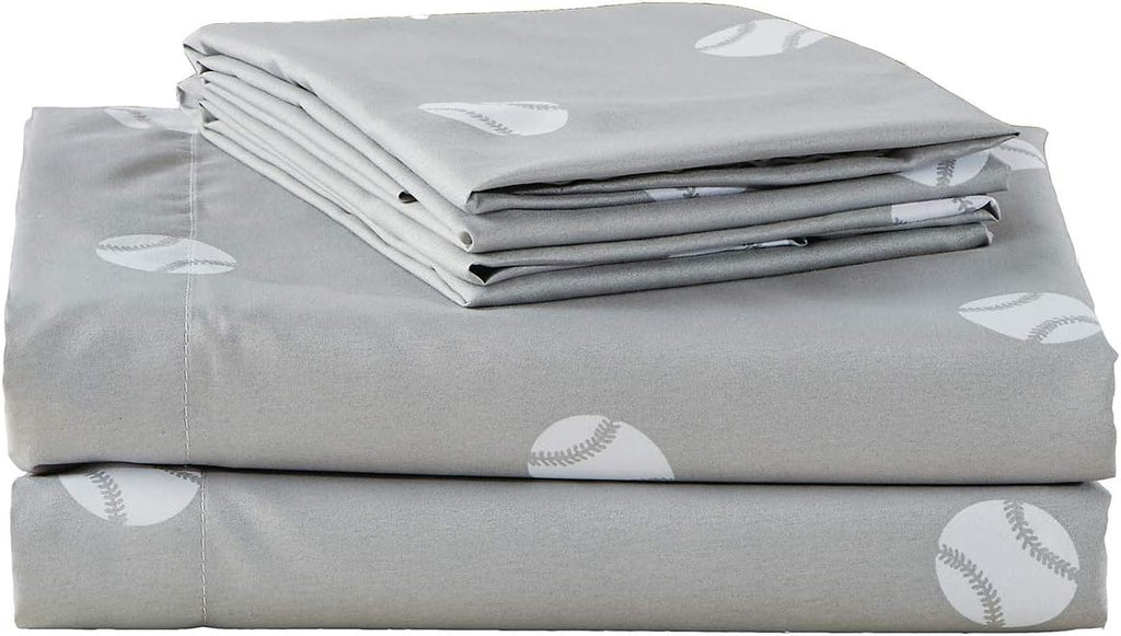 Chezmoi Collection 4-Piece Kids/Teens Sports Sheet Set - Soft Microfiber Gray White Baseball, Full Size - Grand Goldman