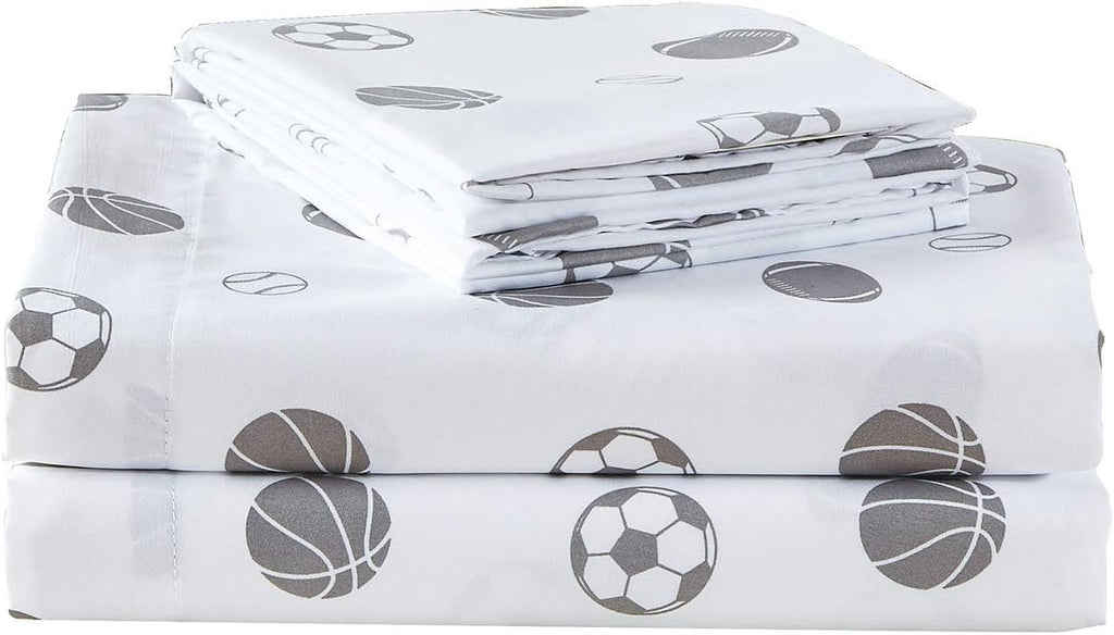 Chezmoi Collection 4-Piece Kids/Teens Sports Sheet Set - Soft Microfiber Gray White Baseball, Full Size - Grand Goldman