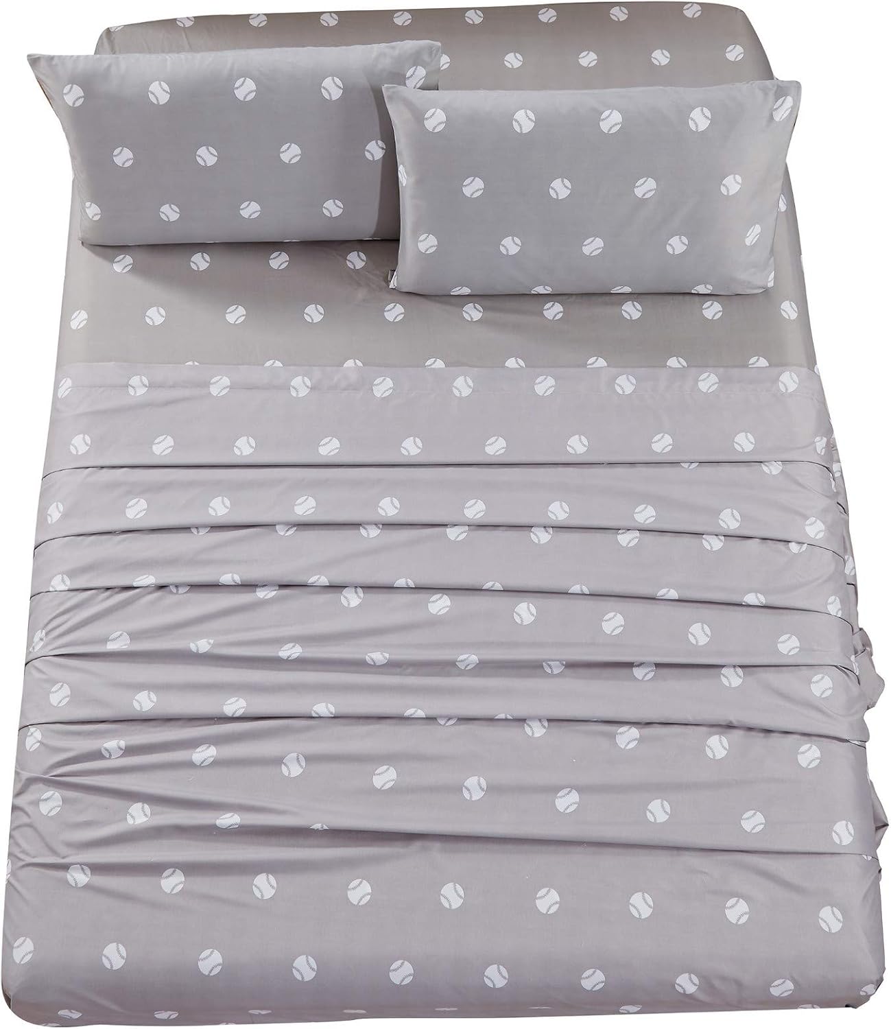 Chezmoi Collection 4-Piece Kids/Teens Sports Sheet Set - Soft Microfiber Gray White Baseball, Full Size - Grand Goldman