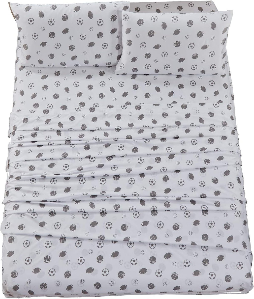 Chezmoi Collection 4-Piece Kids/Teens Sports Sheet Set - Soft Microfiber Gray White Baseball, Full Size - Grand Goldman