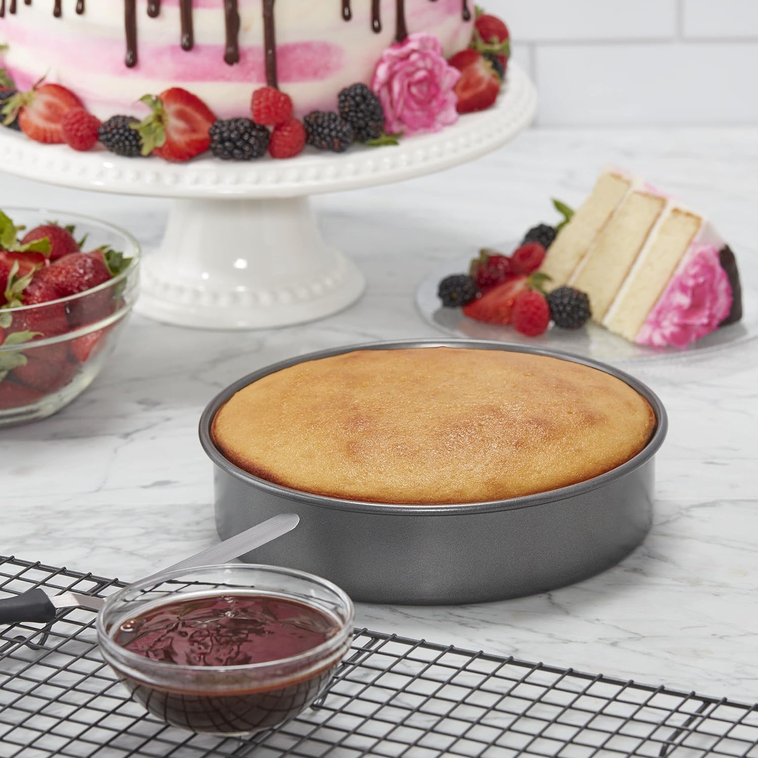 Chicago Metallic 5233128 Professional Non-Stick 3-Piece Round Cake Pan Bakeware Set, Gray - Grand Goldman