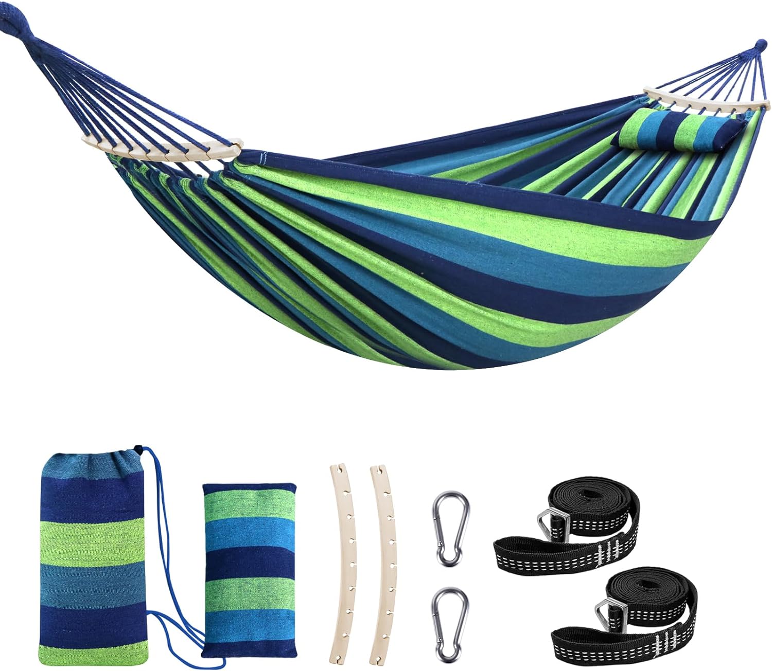 Chihee Cotton Hammock Large Soft Breathable Camping Hammock Holds Up to 660lbs Portable Tree Hammock with Detachable Spreader Bar Pillow 2 Strong Webbings 2 Carabiners Patio Garden Indoor Outdoor - Grand Goldman