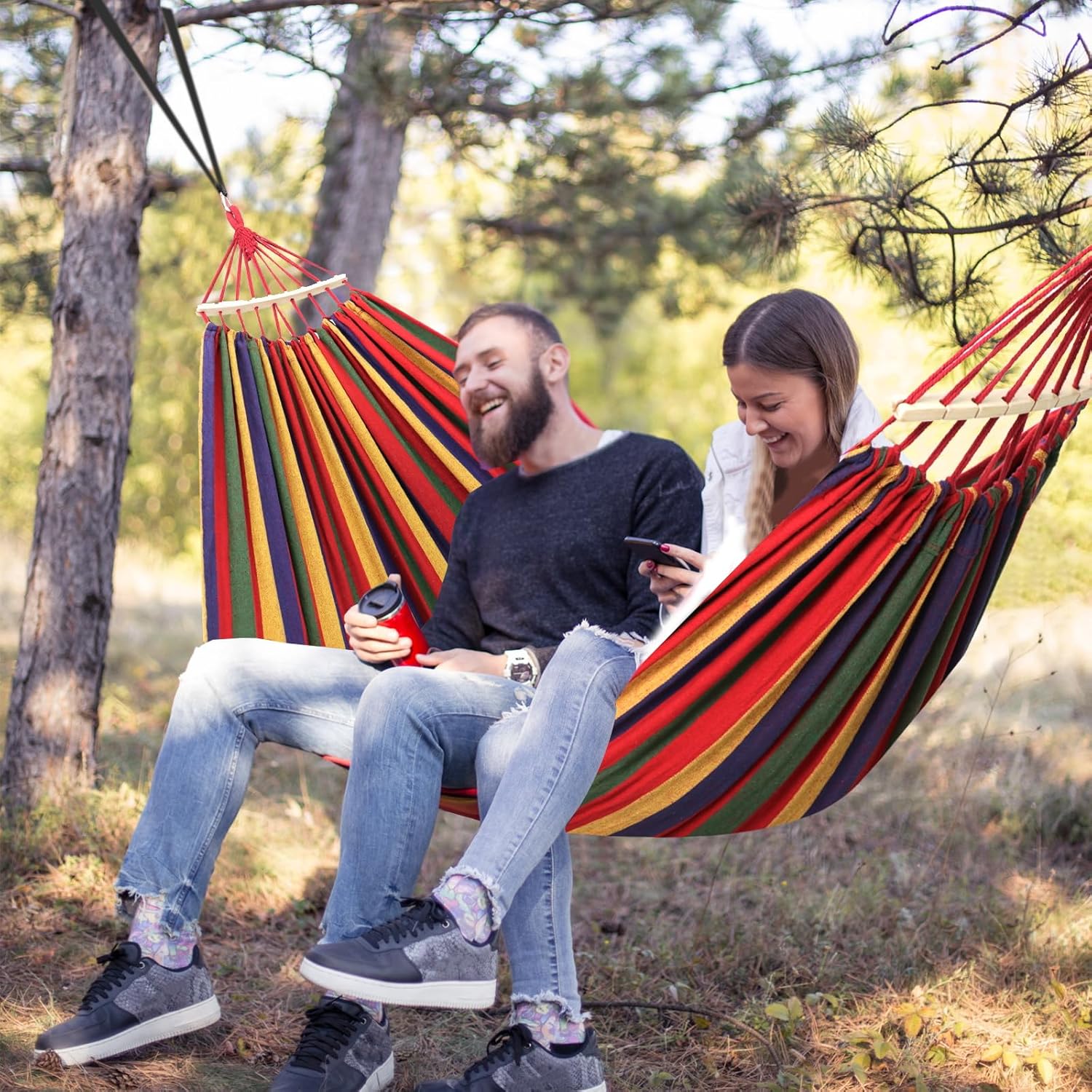 Chihee Cotton Hammock Large Soft Breathable Camping Hammock Holds Up to 660lbs Portable Tree Hammock with Detachable Spreader Bar Pillow 2 Strong Webbings 2 Carabiners Patio Garden Indoor Outdoor - Grand Goldman