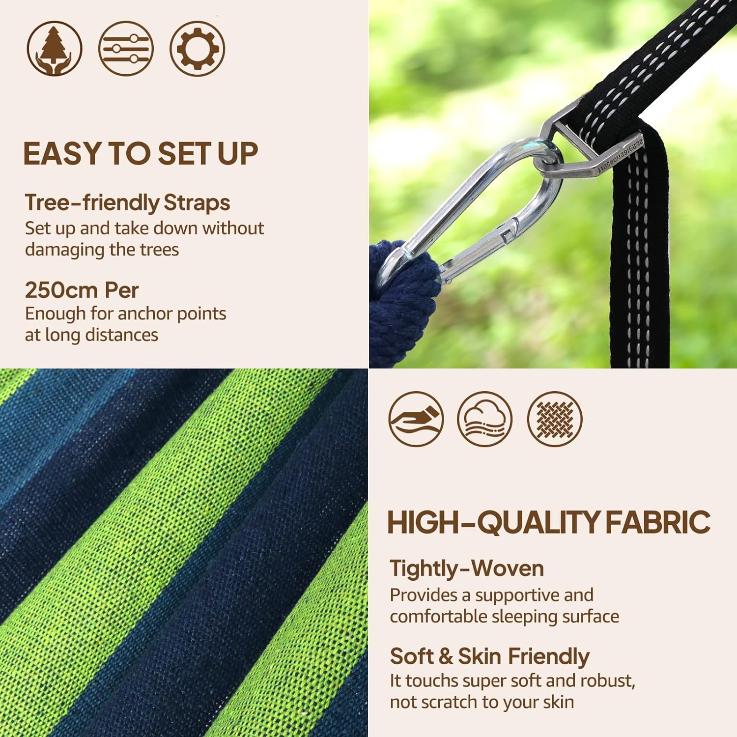 Chihee Cotton Hammock Large Soft Breathable Camping Hammock Holds Up to 660lbs Portable Tree Hammock with Detachable Spreader Bar Pillow 2 Strong Webbings 2 Carabiners Patio Garden Indoor Outdoor - Grand Goldman