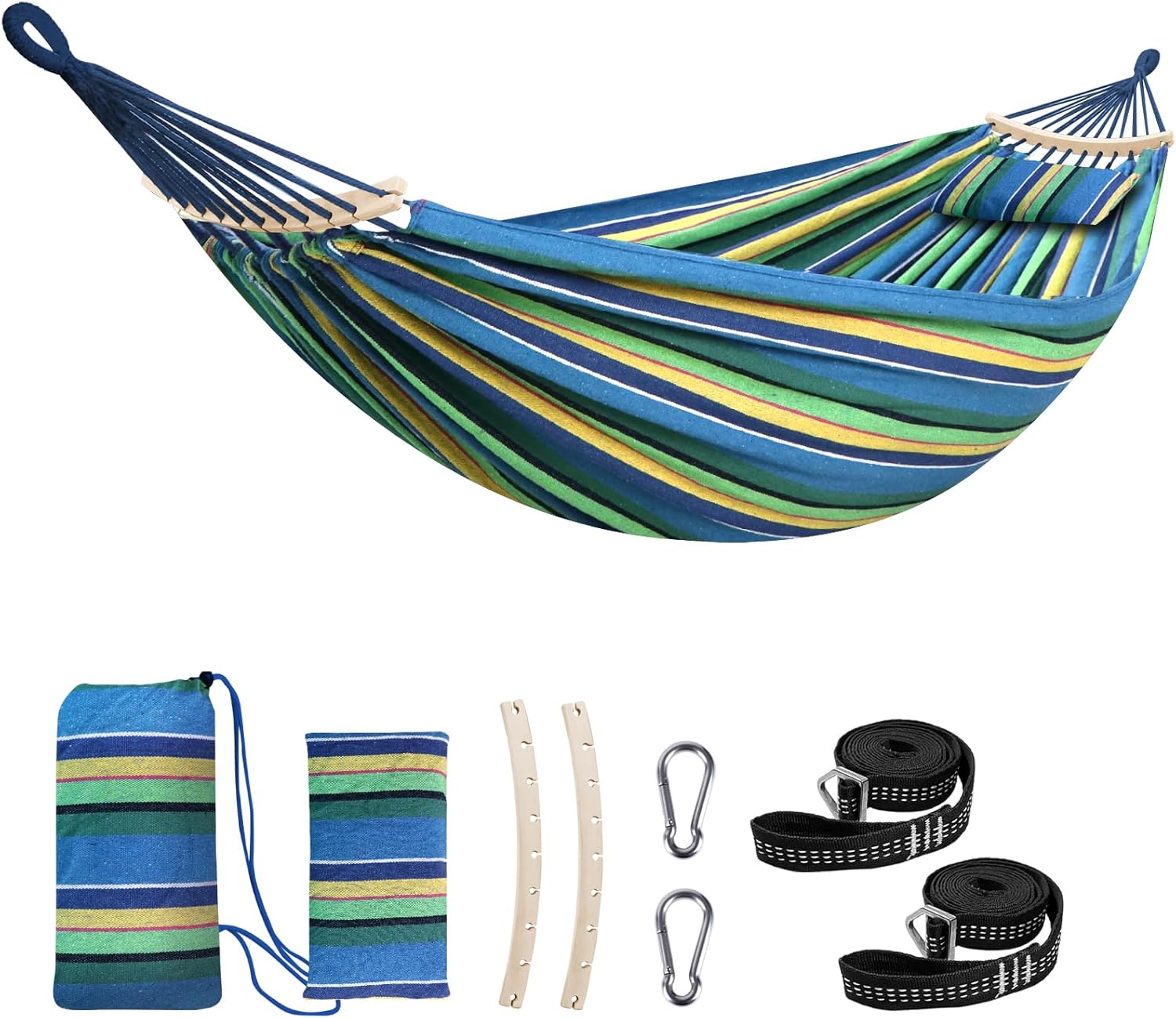 Chihee Cotton Hammock Large Soft Breathable Camping Hammock Holds Up to 660lbs Portable Tree Hammock with Detachable Spreader Bar Pillow 2 Strong Webbings 2 Carabiners Patio Garden Indoor Outdoor - Grand Goldman