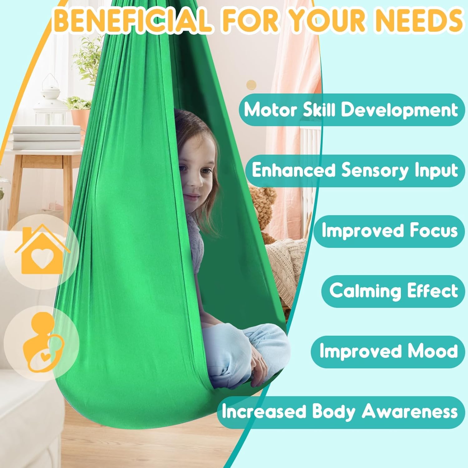 Chihee Sensory Swing Therapy Swing Hammock Indoor Outdoor for Kids, Hardware Included, Soft Breathable Nylon Cuddle Swing Joy Hammock for Child Adult with Autism, ADHD, Aspergers, Sensory Integration - Grand Goldman