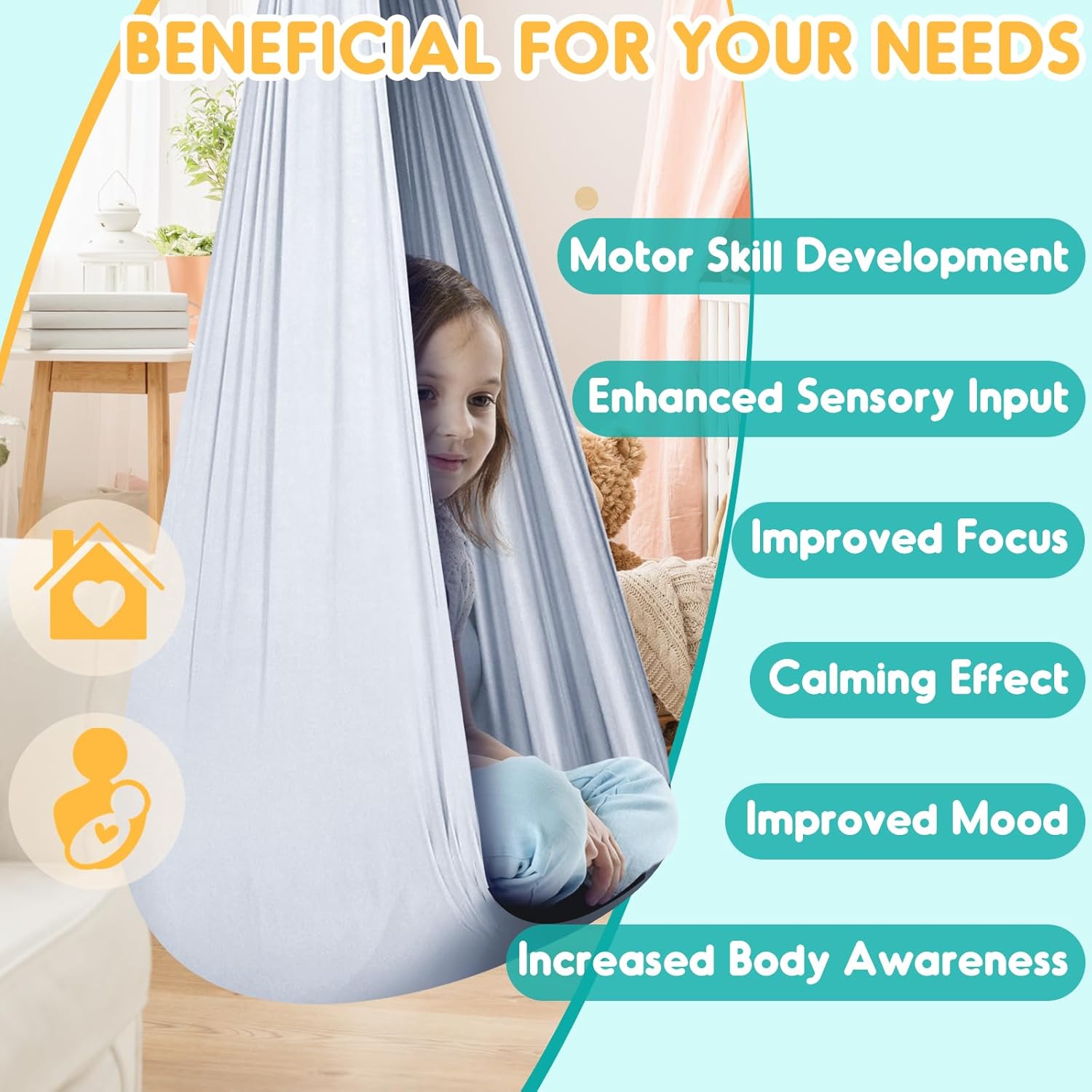 Chihee Sensory Swing Therapy Swing Hammock Indoor Outdoor for Kids, Hardware Included, Soft Breathable Nylon Cuddle Swing Joy Hammock for Child Adult with Autism, ADHD, Aspergers, Sensory Integration - Grand Goldman