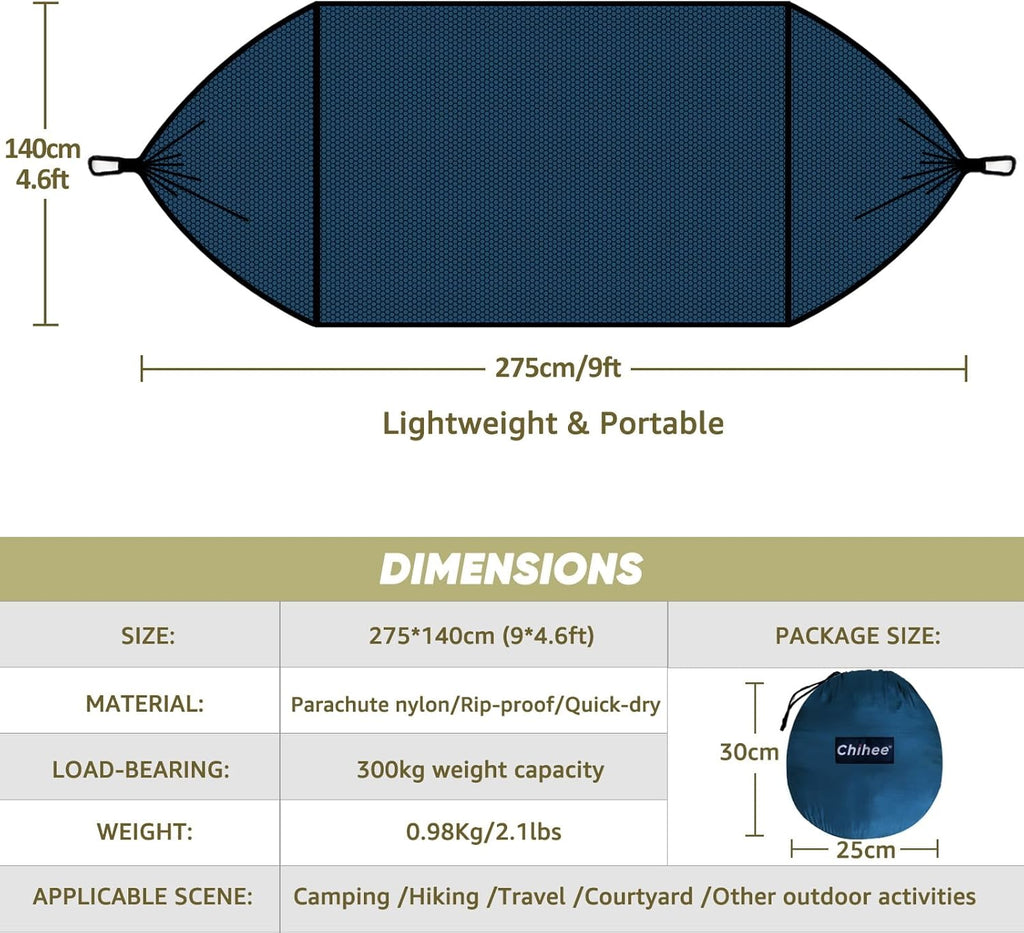 Chihee Ultra-Light Travel Camping Hammock Pop-up Net Hammock 660lbs Load Capacity,Breathable,Quick-Drying Parachute Nylon 2 Premium Carabiners,2 Tree Slings Included for Outdoor Backpacking Hiking - Grand Goldman
