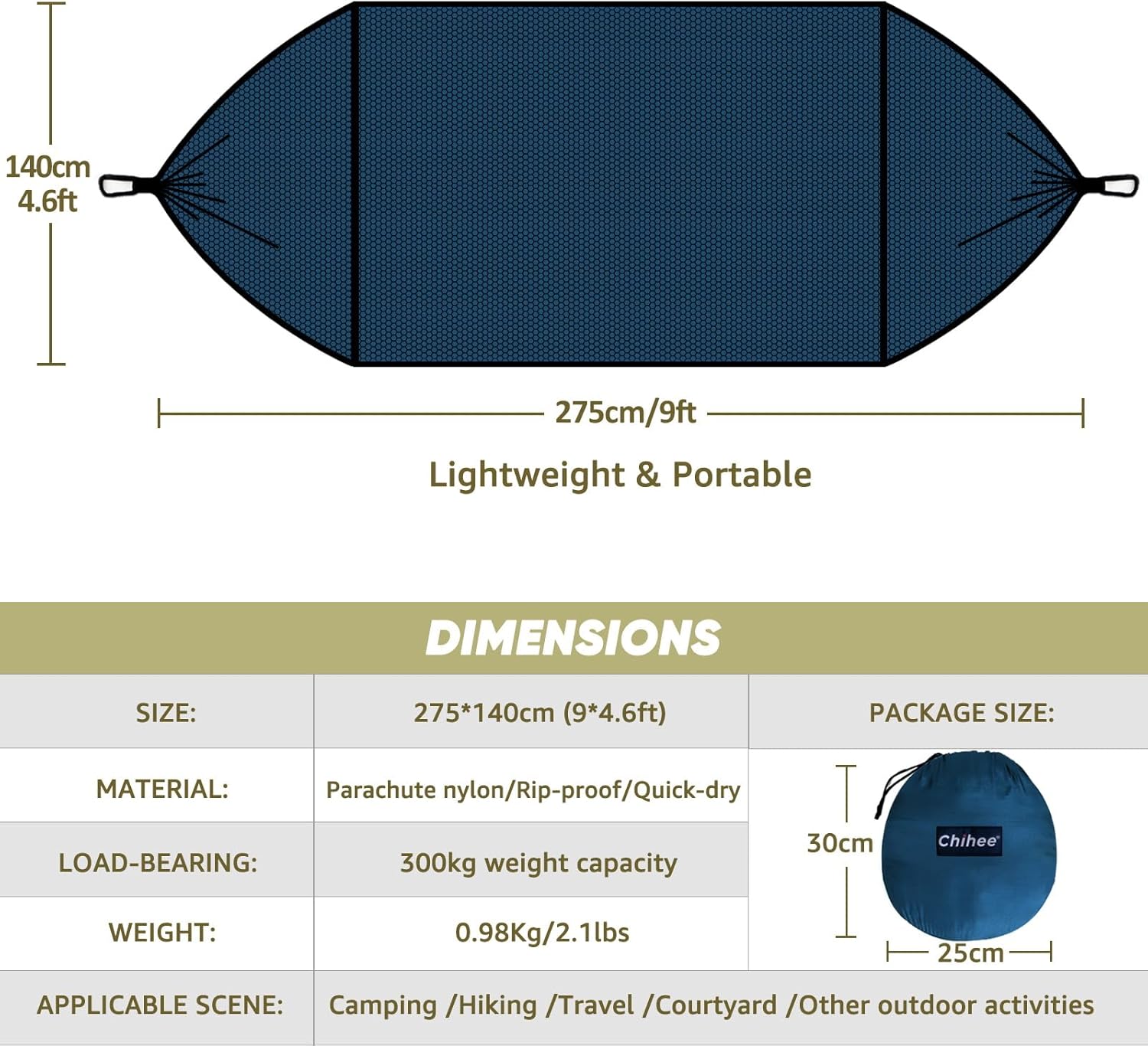 Chihee Ultra-Light Travel Camping Hammock Pop-up Net Hammock 660lbs Load Capacity,Breathable,Quick-Drying Parachute Nylon 2 Premium Carabiners,2 Tree Slings Included for Outdoor Backpacking Hiking - Grand Goldman