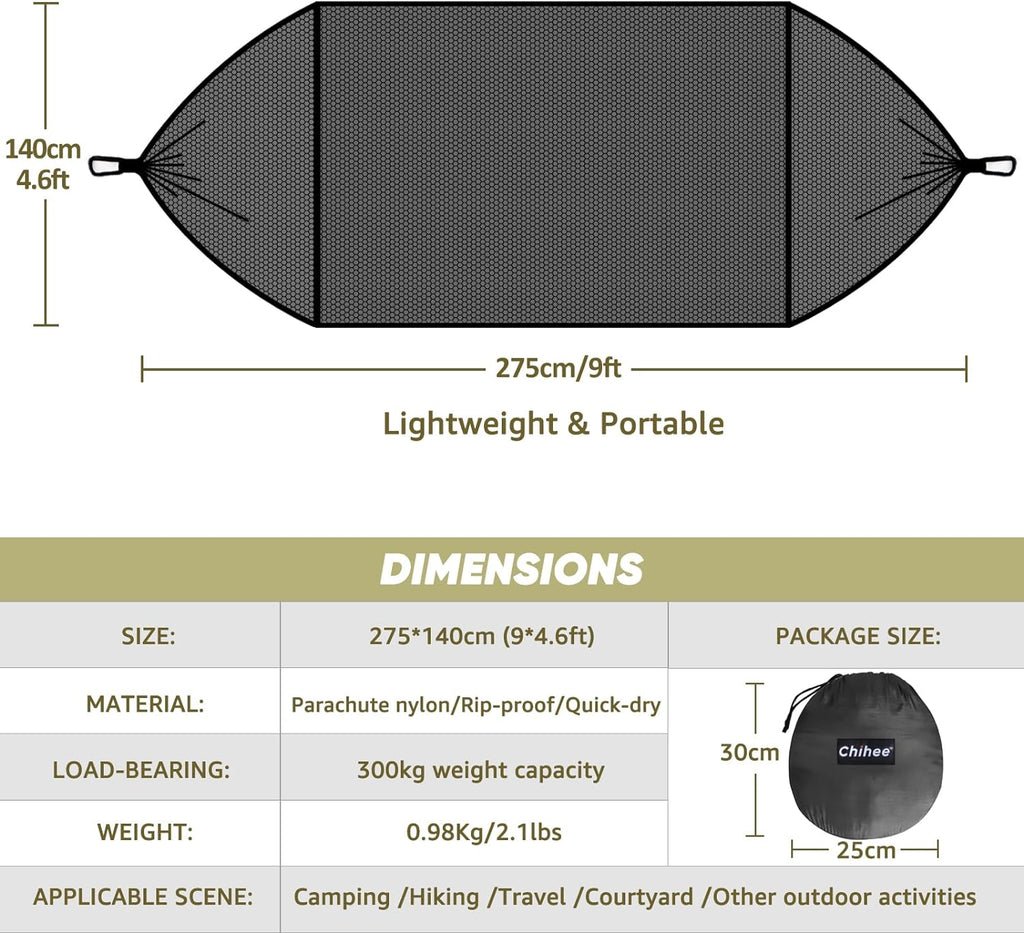 Chihee Ultra-Light Travel Camping Hammock Pop-up Net Hammock 660lbs Load Capacity,Breathable,Quick-Drying Parachute Nylon 2 Premium Carabiners,2 Tree Slings Included for Outdoor Backpacking Hiking - Grand Goldman