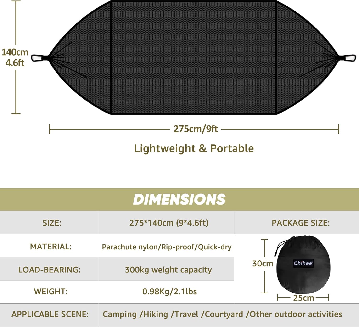Chihee Ultra-Light Travel Camping Hammock Pop-up Net Hammock 660lbs Load Capacity,Breathable,Quick-Drying Parachute Nylon 2 Premium Carabiners,2 Tree Slings Included for Outdoor Backpacking Hiking - Grand Goldman