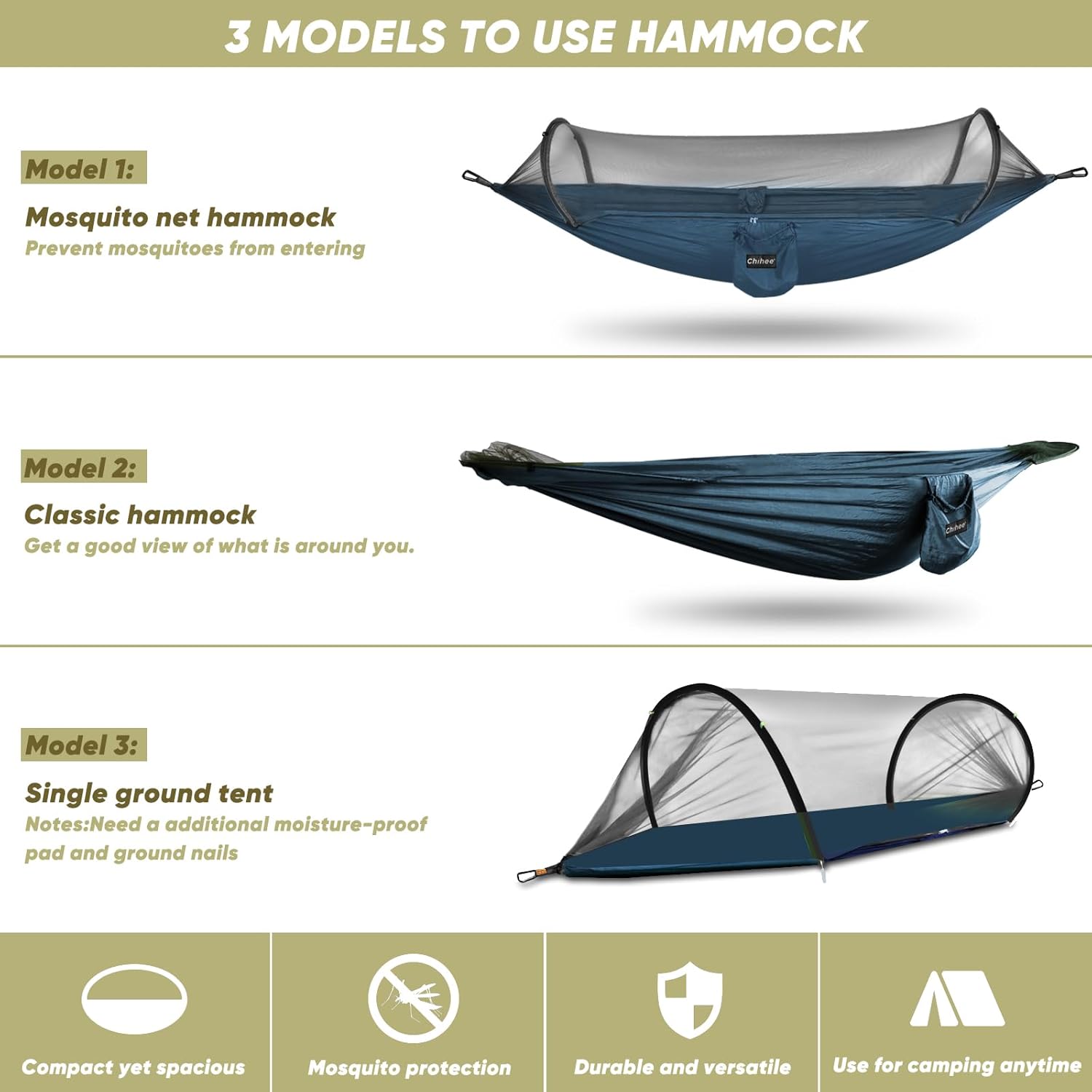 Chihee Ultra-Light Travel Camping Hammock Pop-up Net Hammock 660lbs Load Capacity,Breathable,Quick-Drying Parachute Nylon 2 Premium Carabiners,2 Tree Slings Included for Outdoor Backpacking Hiking - Grand Goldman