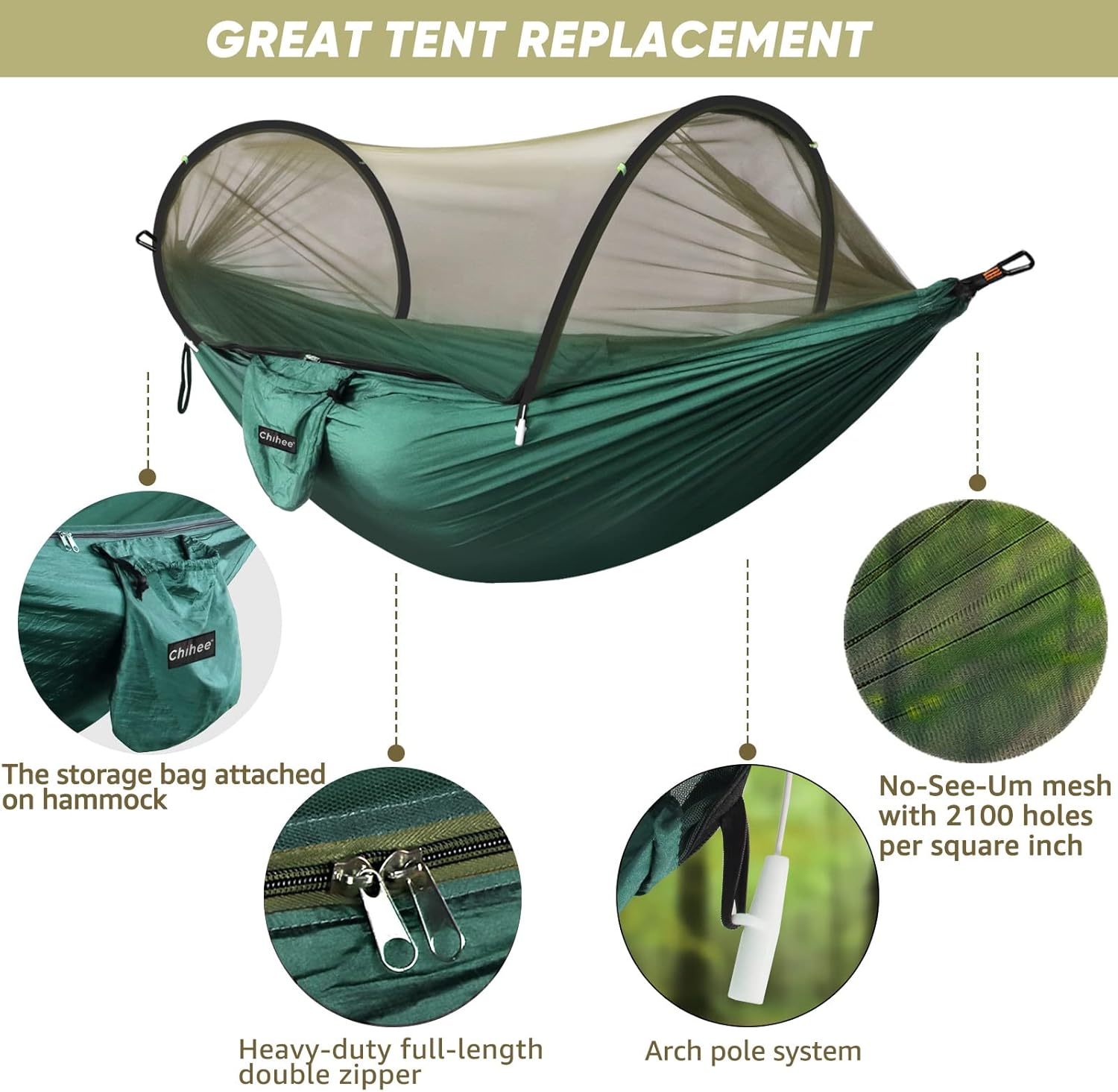 Chihee Ultra-Light Travel Camping Hammock Pop-up Net Hammock 660lbs Load Capacity,Breathable,Quick-Drying Parachute Nylon 2 Premium Carabiners,2 Tree Slings Included for Outdoor Backpacking Hiking - Grand Goldman