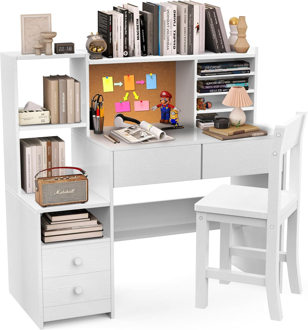 Childrens Computer Desk with 4 Drawers, White Kids Desk and Chair Set for 5-12 Year Old,Kids Study Table with Storage Shelf-JR40 - Grand Goldman