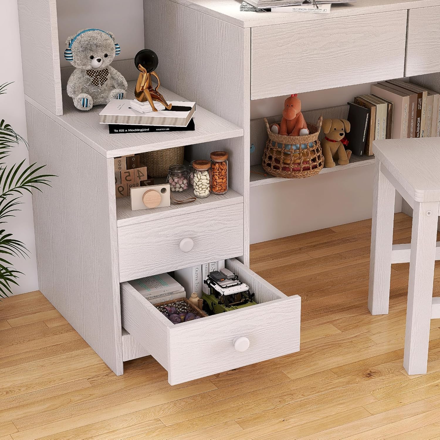 Childrens Computer Desk with 4 Drawers, White Kids Desk and Chair Set for 5-12 Year Old,Kids Study Table with Storage Shelf-JR40 - Grand Goldman