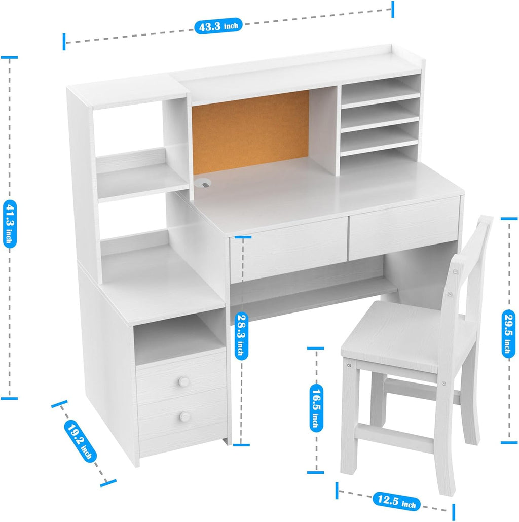 Childrens Computer Desk with 4 Drawers, White Kids Desk and Chair Set for 5-12 Year Old,Kids Study Table with Storage Shelf-JR40 - Grand Goldman