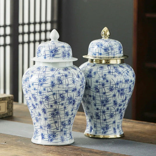 Chinese Ceramic General Jar Blue and White Porcelain Vase Vintage Porcelain Bottle Ginger Jar Storage Tank Home Decoration - Grand Goldman