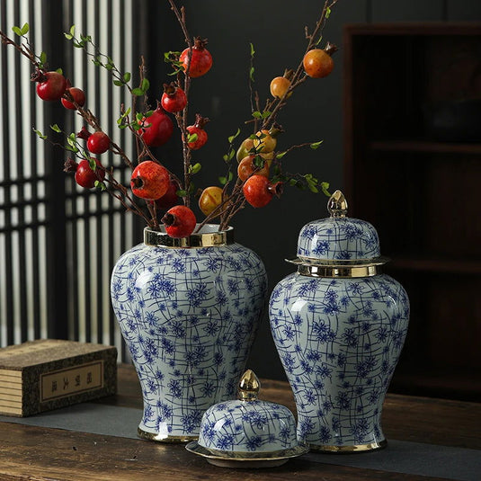 Chinese Ceramic General Jar Blue and White Porcelain Vase Vintage Porcelain Bottle Ginger Jar Storage Tank Home Decoration - Grand Goldman