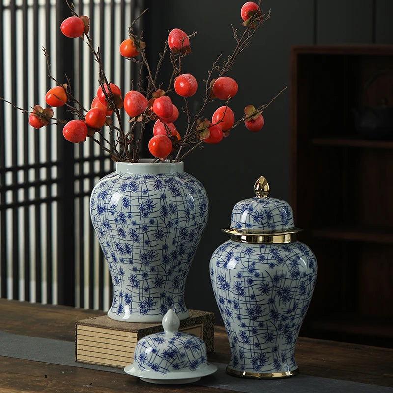 Chinese Ceramic General Jar Blue and White Porcelain Vase Vintage Porcelain Bottle Ginger Jar Storage Tank Home Decoration - Grand Goldman