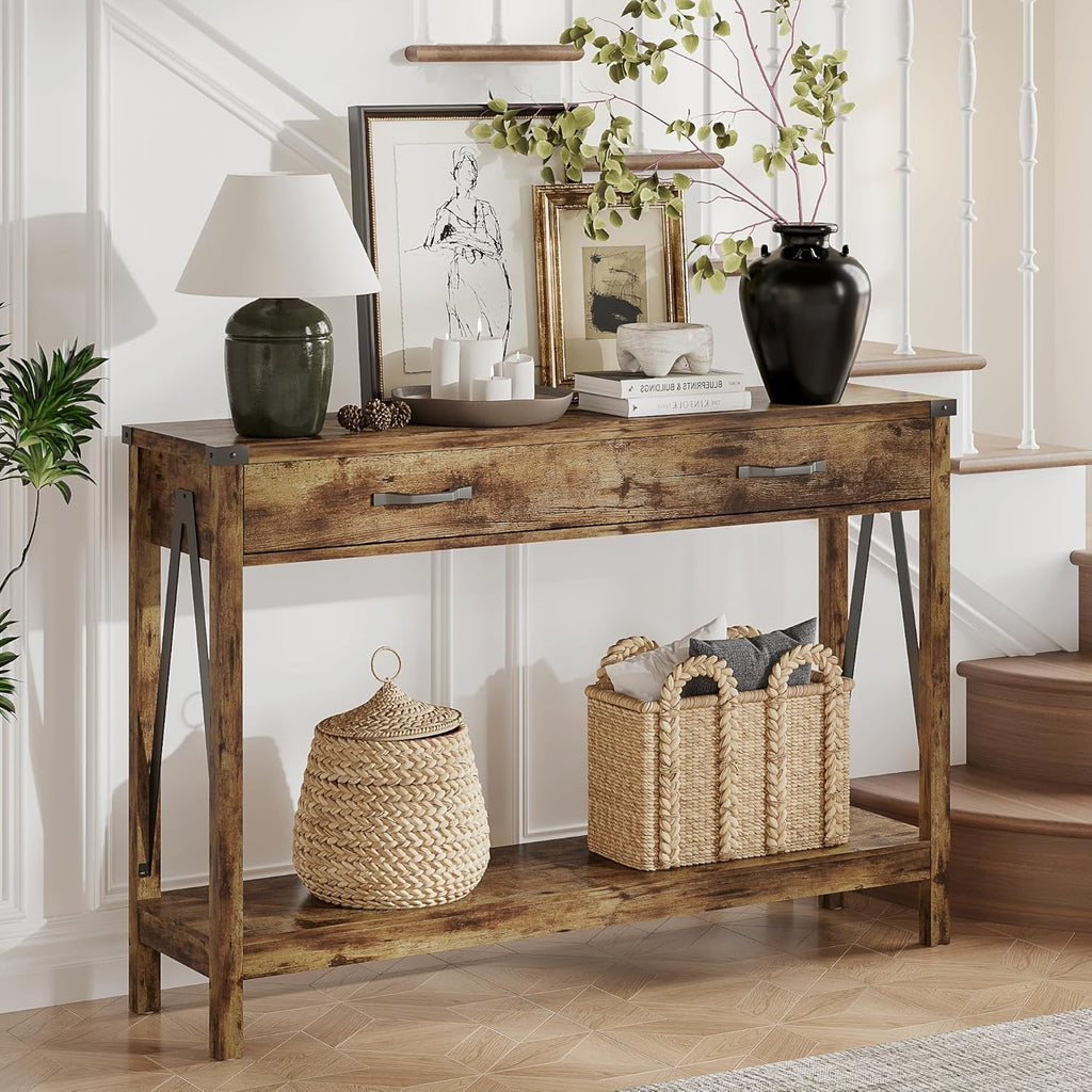 ChooChoo 47'' Farmhouse Console Table with Drawer, Entryway Table with Storage Shelf, Rustic A-Design Sofa Table for Hallway, Entrance, Living Room, Rustic Brown - Grand Goldman