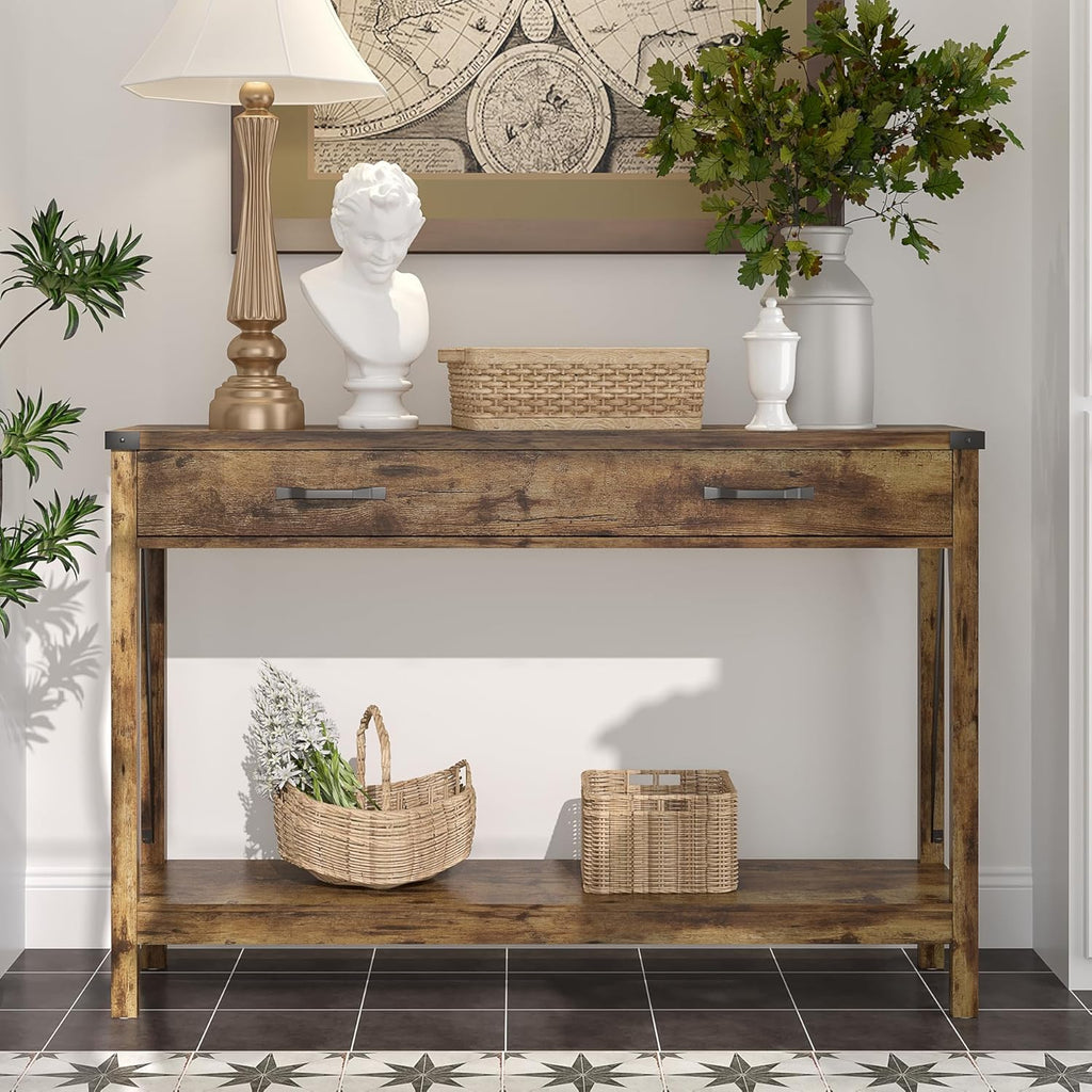 ChooChoo 47'' Farmhouse Console Table with Drawer, Entryway Table with Storage Shelf, Rustic A-Design Sofa Table for Hallway, Entrance, Living Room, Rustic Brown - Grand Goldman