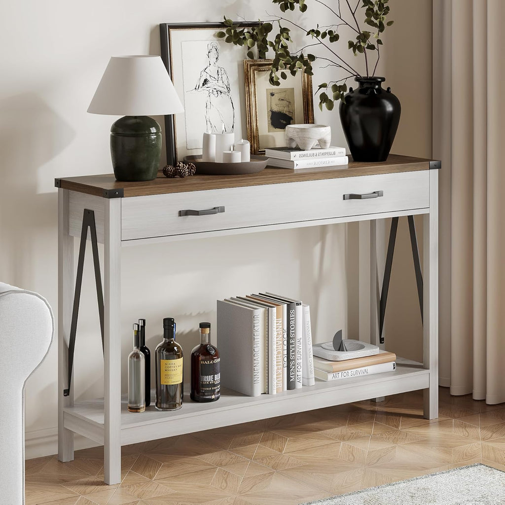 ChooChoo 47'' Farmhouse Console Table with Drawer, Entryway Table with Storage Shelf, Rustic A-Design Sofa Table for Hallway, Entrance, Living Room, Rustic Brown - Grand Goldman