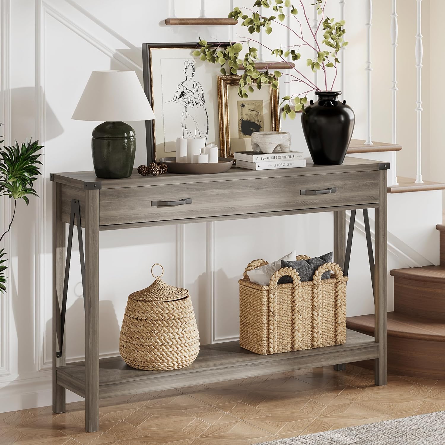 ChooChoo 47'' Farmhouse Console Table with Drawer, Entryway Table with Storage Shelf, Rustic A-Design Sofa Table for Hallway, Entrance, Living Room, Rustic Brown - Grand Goldman