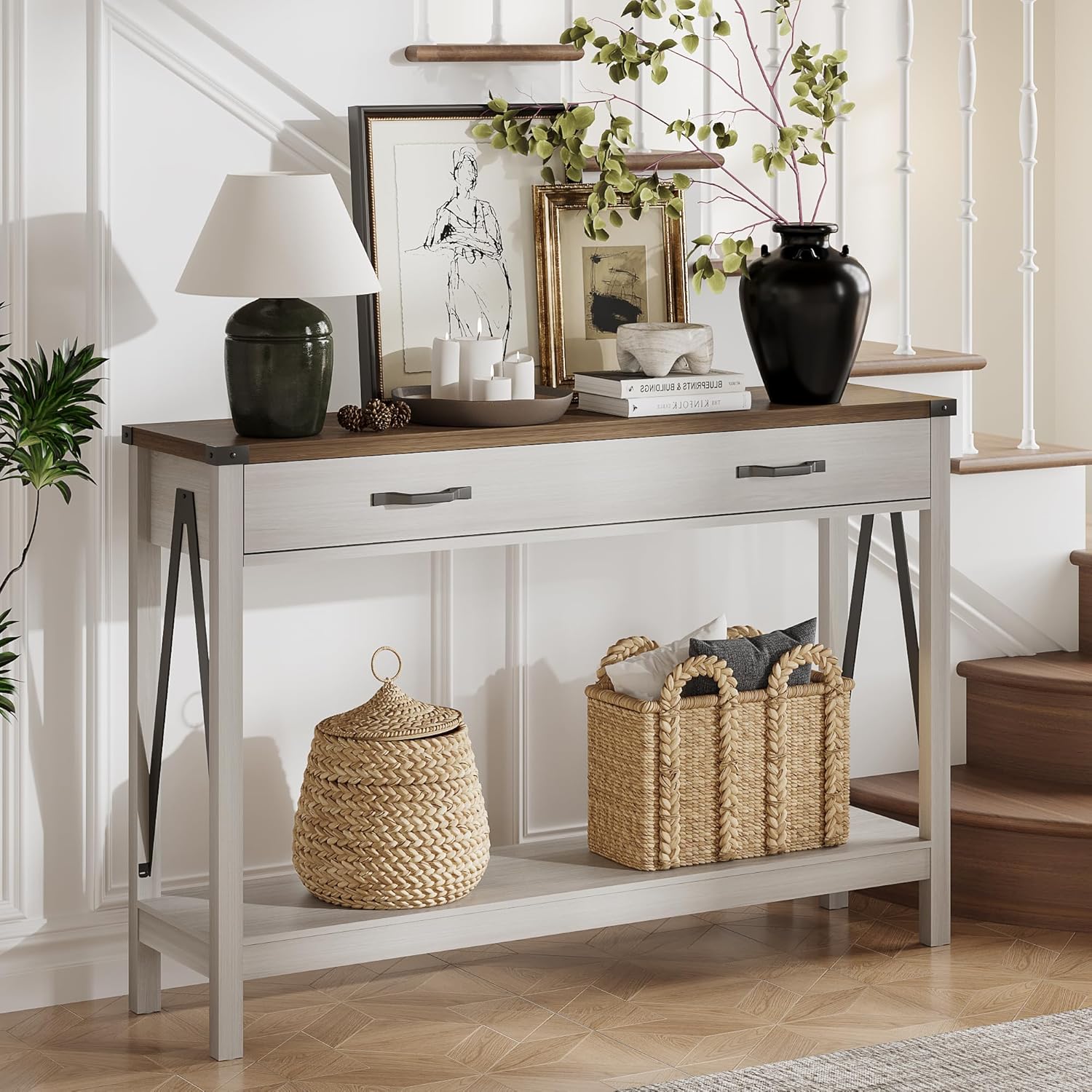 ChooChoo 47'' Farmhouse Console Table with Drawer, Entryway Table with Storage Shelf, Rustic A-Design Sofa Table for Hallway, Entrance, Living Room, Rustic Brown - Grand Goldman