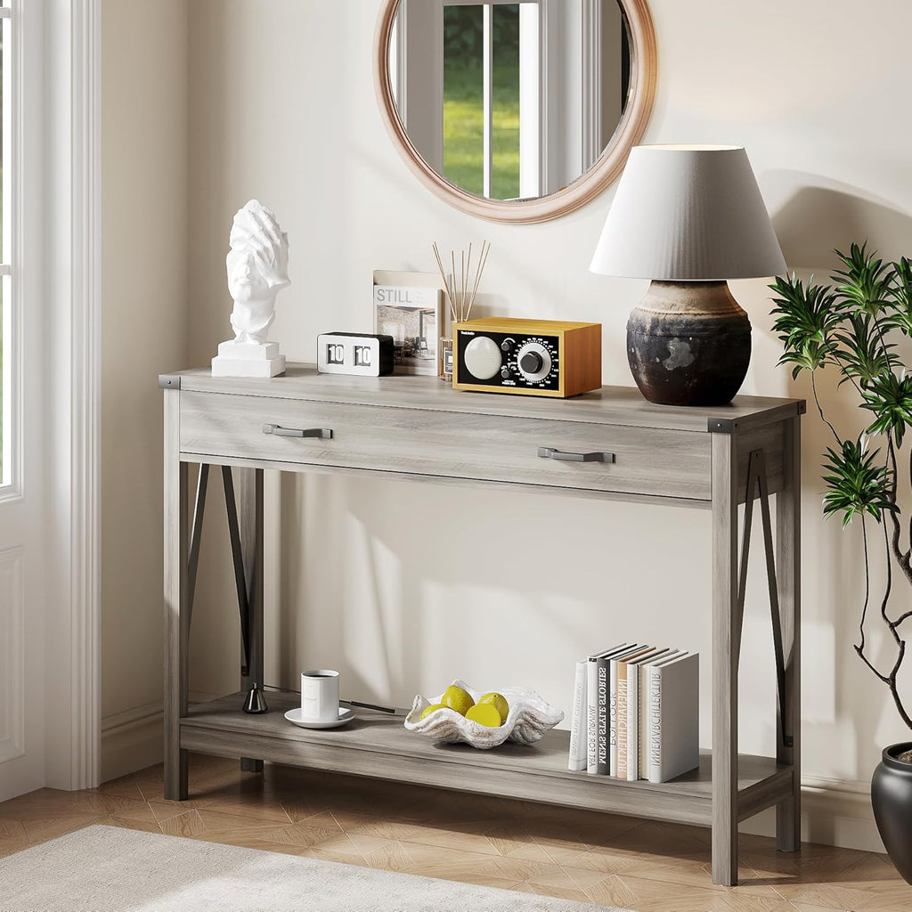 ChooChoo 47'' Farmhouse Console Table with Drawer, Entryway Table with Storage Shelf, Rustic A-Design Sofa Table for Hallway, Entrance, Living Room, Rustic Brown - Grand Goldman