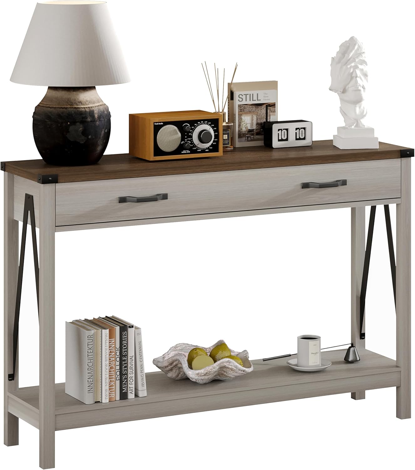 ChooChoo 47'' Farmhouse Console Table with Drawer, Entryway Table with Storage Shelf, Rustic A-Design Sofa Table for Hallway, Entrance, Living Room, Rustic Brown - Grand Goldman