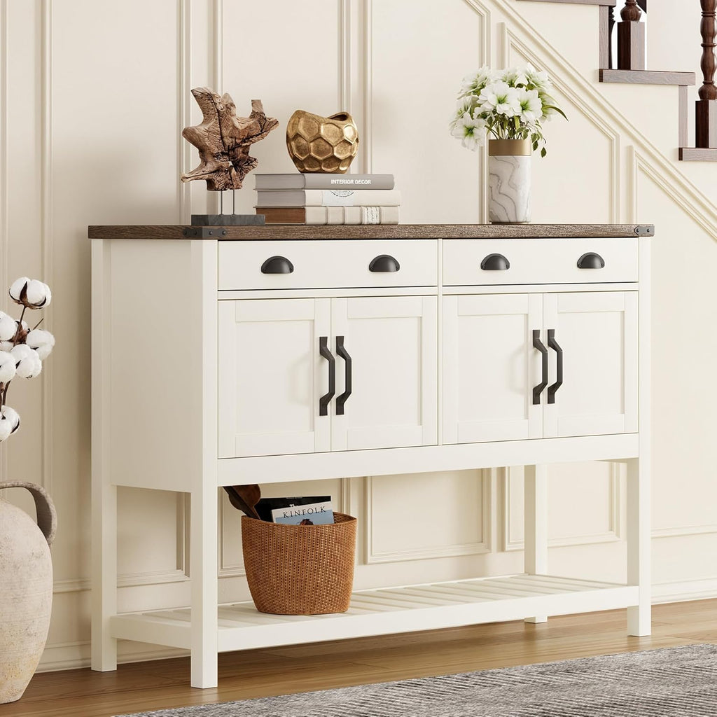 ChooChoo 47" Farmhouse Console Table with Storage, Rustic Entryway Table with Drawers & Doors, Narrow Long Sofa Table for Living Room, Hallway, Behind Couch, Soft White and Brown - Grand Goldman