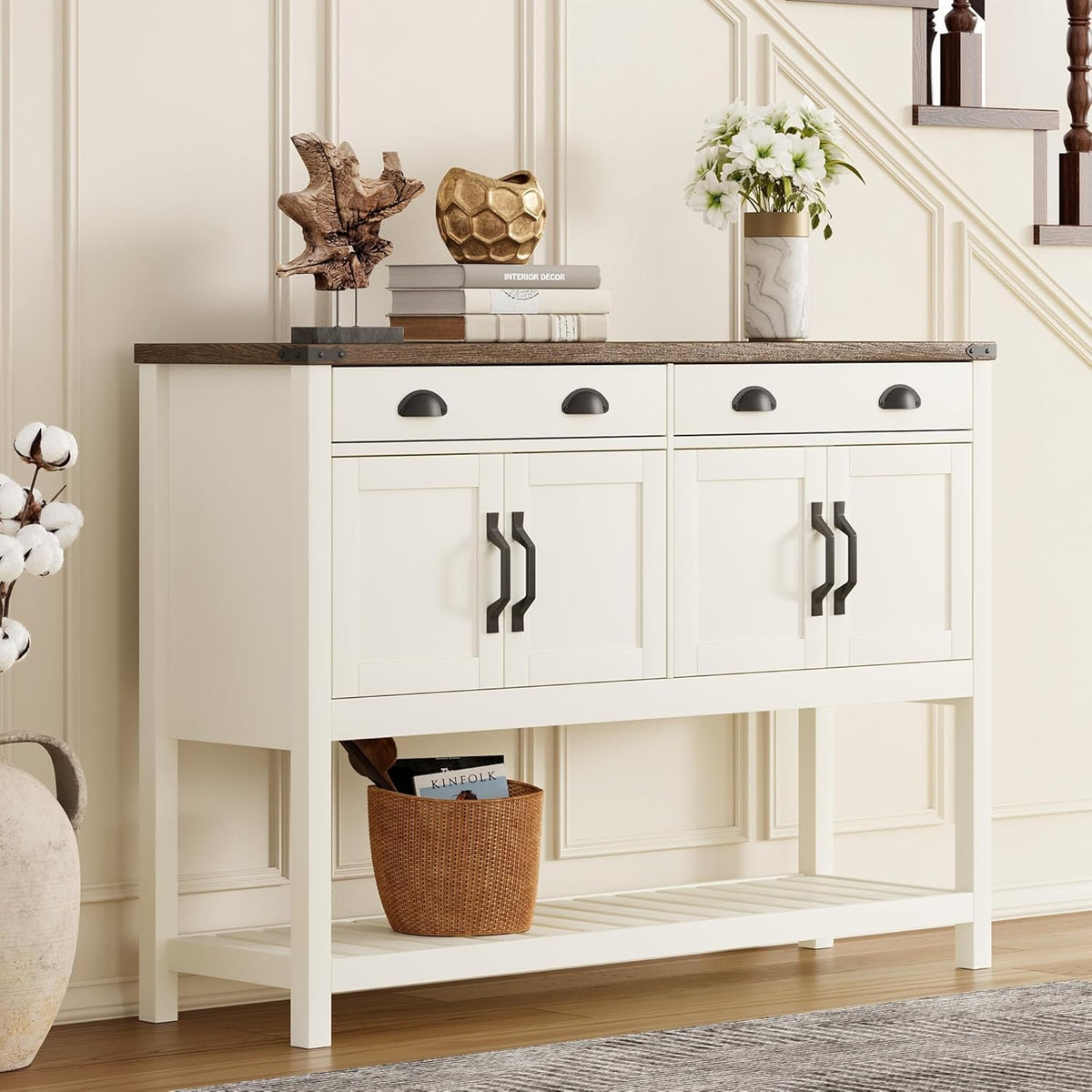 ChooChoo 47" Farmhouse Console Table with Storage, Rustic Entryway Table with Drawers & Doors, Narrow Long Sofa Table for Living Room, Hallway, Behind Couch, Soft White and Brown - Grand Goldman