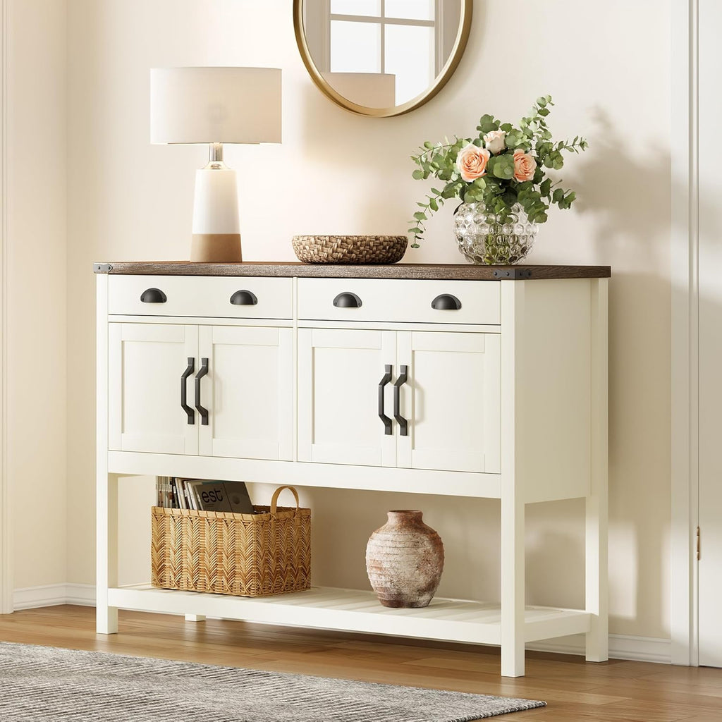 ChooChoo 47" Farmhouse Console Table with Storage, Rustic Entryway Table with Drawers & Doors, Narrow Long Sofa Table for Living Room, Hallway, Behind Couch, Soft White and Brown - Grand Goldman