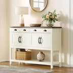 ChooChoo 47" Farmhouse Console Table with Storage, Rustic Entryway Table with Drawers & Doors, Narrow Long Sofa Table for Living Room, Hallway, Behind Couch, Soft White and Brown - Grand Goldman