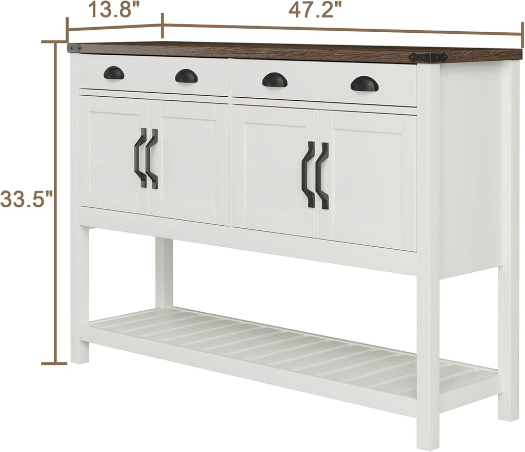 ChooChoo 47" Farmhouse Console Table with Storage, Rustic Entryway Table with Drawers & Doors, Narrow Long Sofa Table for Living Room, Hallway, Behind Couch, Soft White and Brown - Grand Goldman