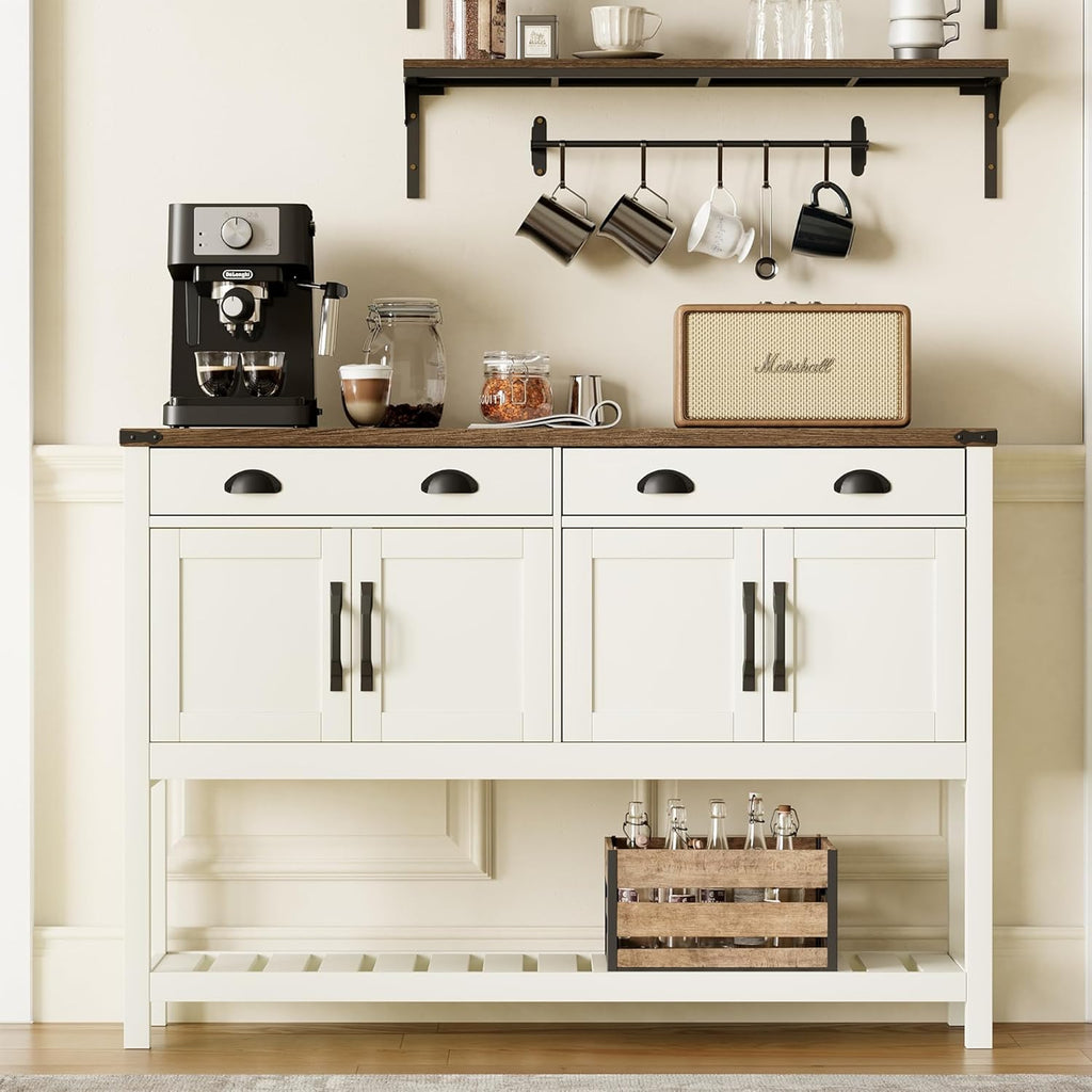 ChooChoo 47" Farmhouse Console Table with Storage, Rustic Entryway Table with Drawers & Doors, Narrow Long Sofa Table for Living Room, Hallway, Behind Couch, Soft White and Brown - Grand Goldman