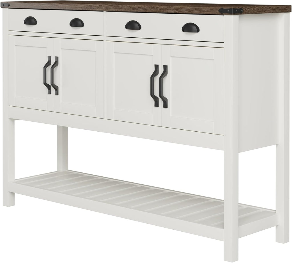 ChooChoo 47" Farmhouse Console Table with Storage, Rustic Entryway Table with Drawers & Doors, Narrow Long Sofa Table for Living Room, Hallway, Behind Couch, Soft White and Brown - Grand Goldman