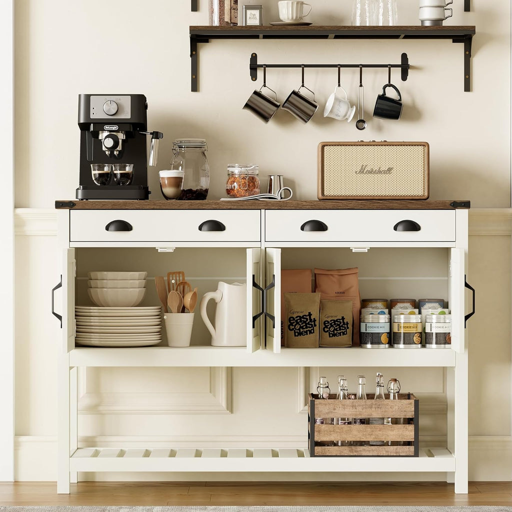 ChooChoo 47" Farmhouse Console Table with Storage, Rustic Entryway Table with Drawers & Doors, Narrow Long Sofa Table for Living Room, Hallway, Behind Couch, Soft White and Brown - Grand Goldman