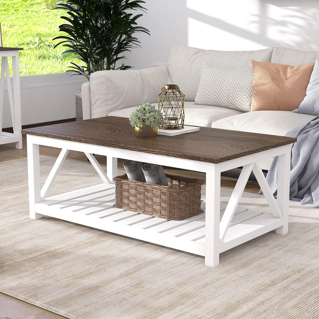 ChooChoo Farmhouse Coffee Table, Rustic Vintage Living Room Table with Shelf, 40 White - Grand Goldman