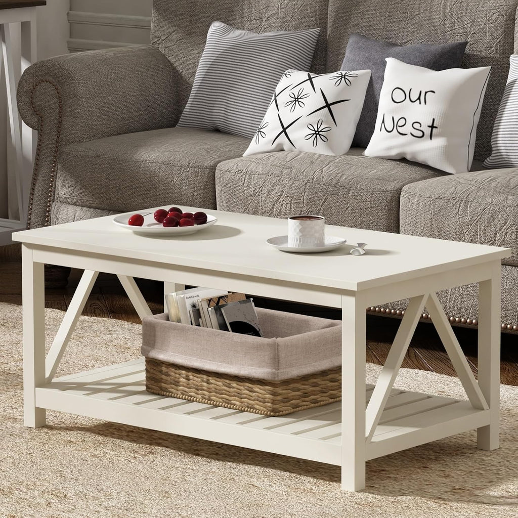 ChooChoo Farmhouse Coffee Table, Rustic Vintage Living Room Table with Shelf, 40 White - Grand Goldman