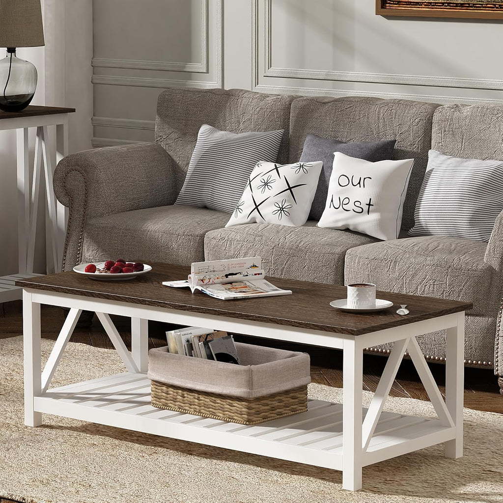 ChooChoo Farmhouse Coffee Table, Rustic Vintage Living Room Table with Shelf, 40 White - Grand Goldman