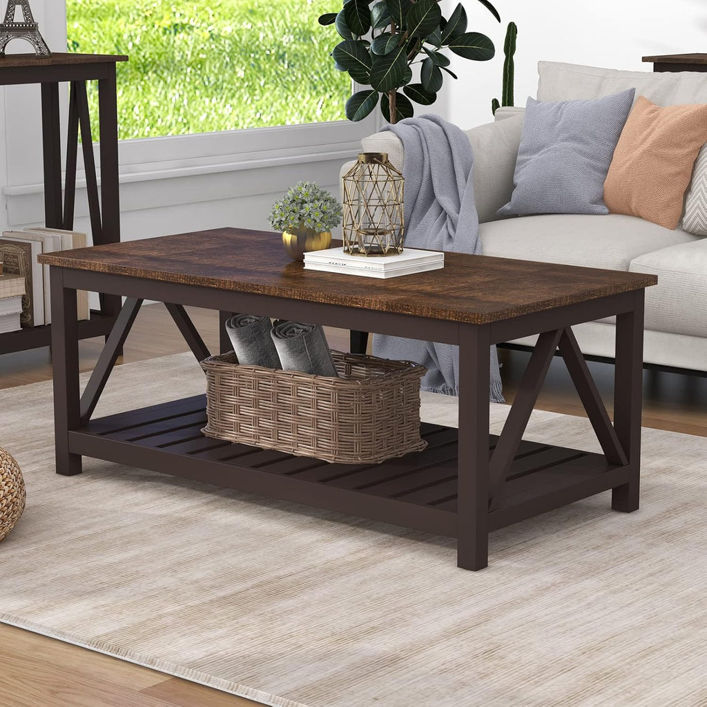 ChooChoo Farmhouse Coffee Table, Rustic Vintage Living Room Table with Shelf, 40 White - Grand Goldman