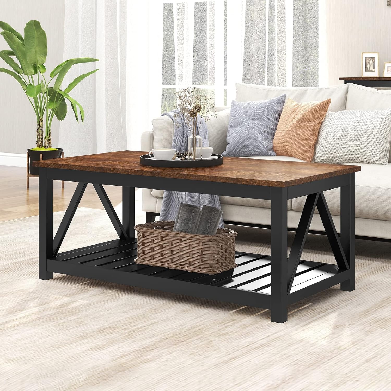 ChooChoo Farmhouse Coffee Table, Rustic Vintage Living Room Table with Shelf, 40 White - Grand Goldman