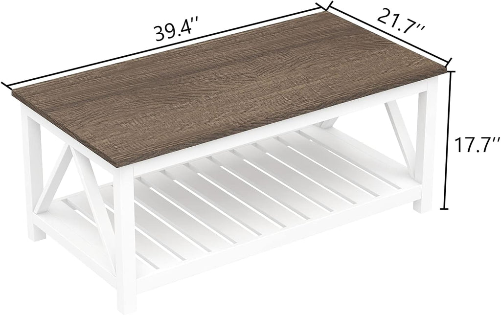 ChooChoo Farmhouse Coffee Table, Rustic Vintage Living Room Table with Shelf, 40 White - Grand Goldman