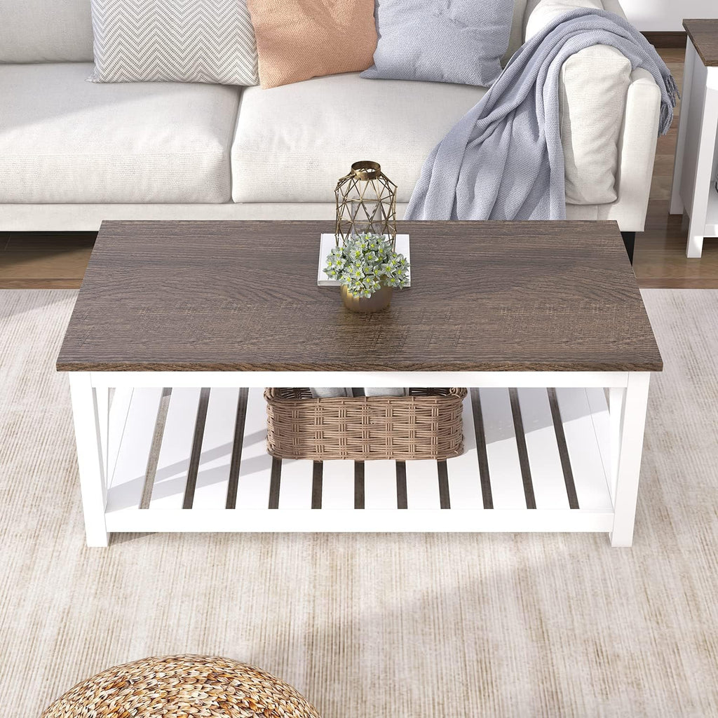 ChooChoo Farmhouse Coffee Table, Rustic Vintage Living Room Table with Shelf, 40 White - Grand Goldman